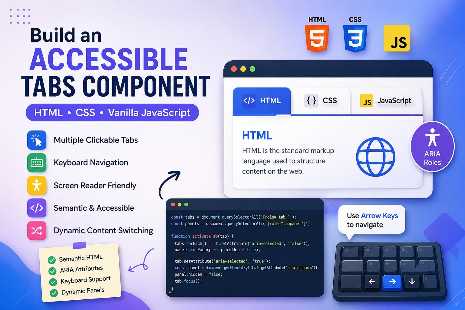 Build an Accessible Tabs Component with HTML, CSS & Vanilla JavaScript Tutorial and Coding Challenge